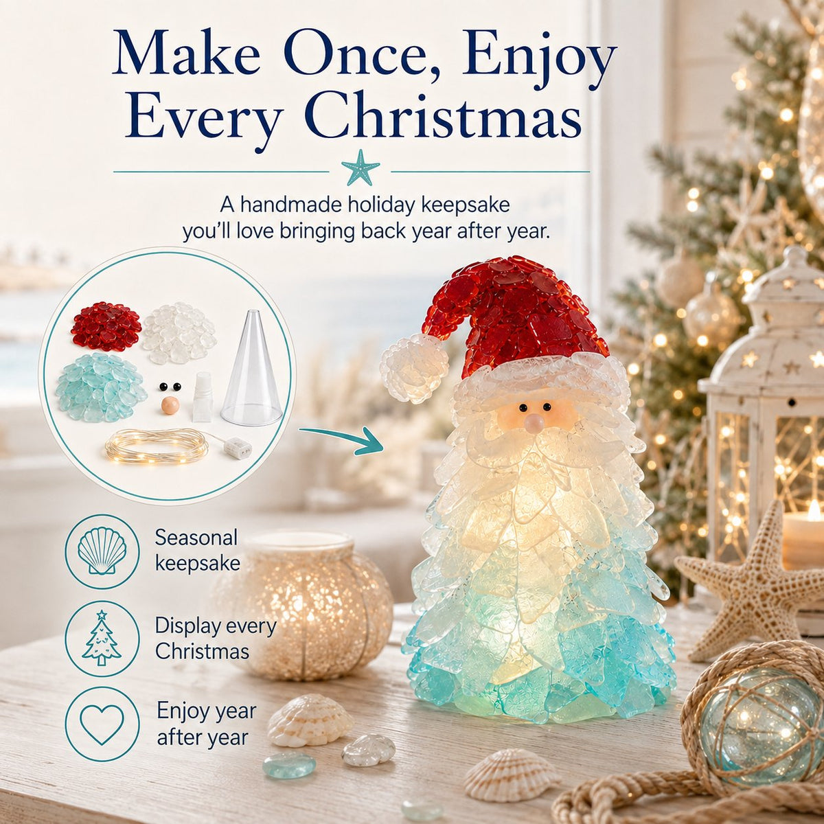🎅 Beginner-friendly DIY Christmas decoration kit featuring an illuminated sea glass Santa | Complete set including pieces of sea glass, warm Christmas lights and a step-by-step guide 💕