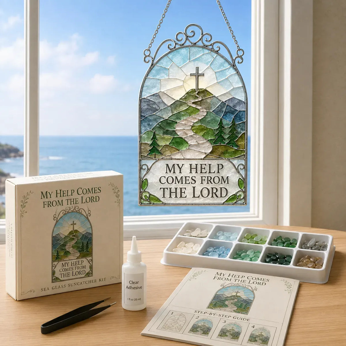 ✝️ A collection of DIY kits for suncatchers featuring Bible verses, suitable for beginners | Complete set including pieces of matt sea glass, clear glue and a step-by-step guide 💕
