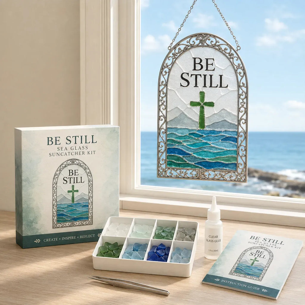 ✝️ A collection of DIY kits for suncatchers featuring Bible verses, suitable for beginners | Complete set including pieces of matt sea glass, clear glue and a step-by-step guide 💕