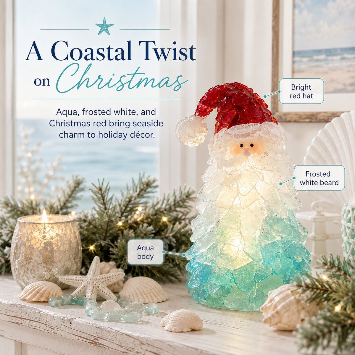 🎅 Beginner-friendly DIY Christmas decoration kit featuring an illuminated sea glass Santa | Complete set including pieces of sea glass, warm Christmas lights and a step-by-step guide 💕