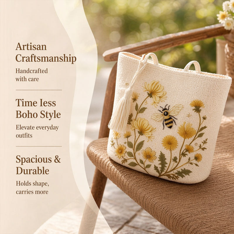 🌼 Handmade Crochet Bee Tote Bag: Premium Floral Embroidery & Boho Chic Shoulder Purse! 🐝