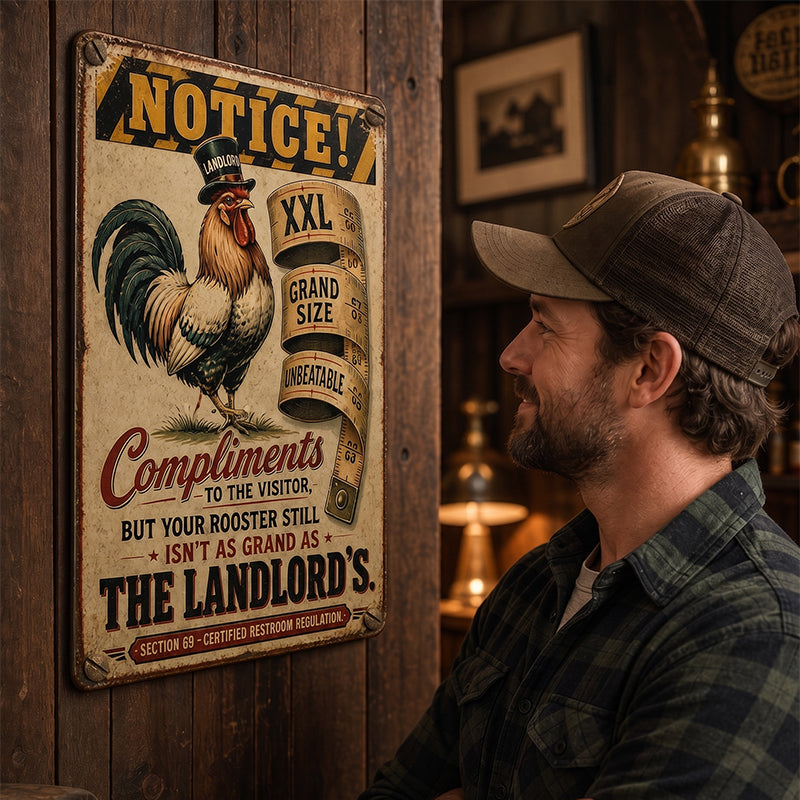 You’ll never be as “big” as the owner of this room 🍻 This fun, retro metal sign is designed just for “tough guys”! 🐓