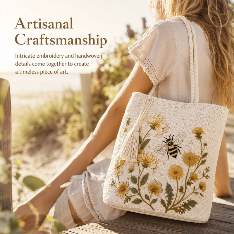 🌼 Handmade Crochet Bee Tote Bag: Premium Floral Embroidery & Boho Chic Shoulder Purse! 🐝