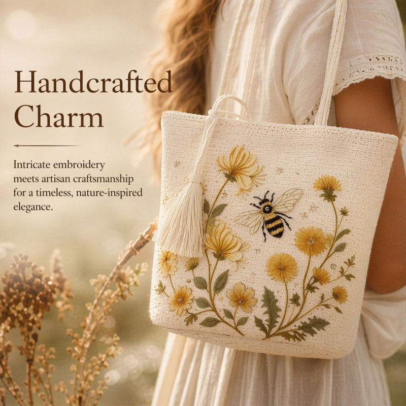 🌼 Handmade Crochet Bee Tote Bag: Premium Floral Embroidery & Boho Chic Shoulder Purse! 🐝