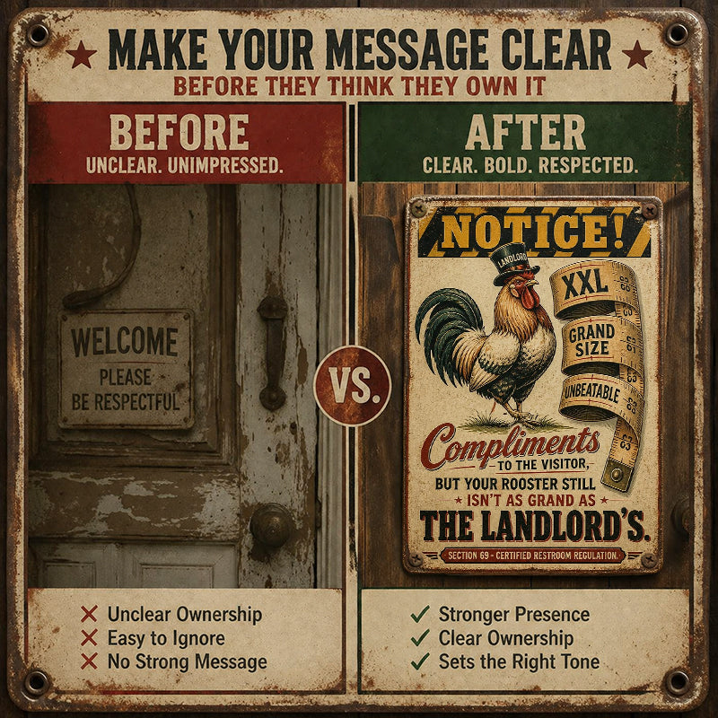 You’ll never be as “big” as the owner of this room 🍻 This fun, retro metal sign is designed just for “tough guys”! 🐓