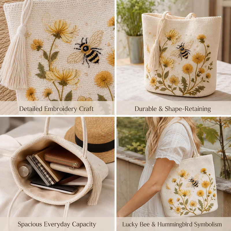 🌼 Handmade Crochet Bee Tote Bag: Premium Floral Embroidery & Boho Chic Shoulder Purse! 🐝