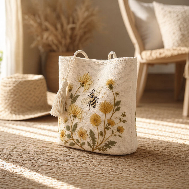 🌼 Handmade Crochet Bee Tote Bag: Premium Floral Embroidery & Boho Chic Shoulder Purse! 🐝