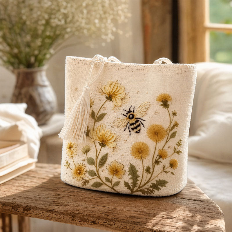 🌼 Handmade Crochet Bee Tote Bag: Premium Floral Embroidery & Boho Chic Shoulder Purse! 🐝