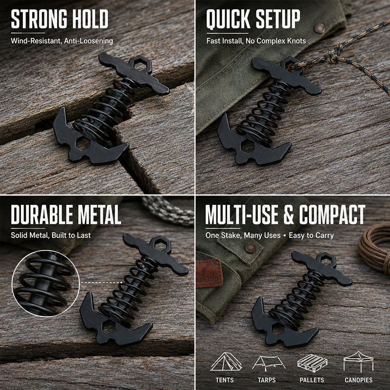🏕️Outdoor Spring-Loaded Fishbone Tent Peg✨Windproof & Knot-Free! 💨