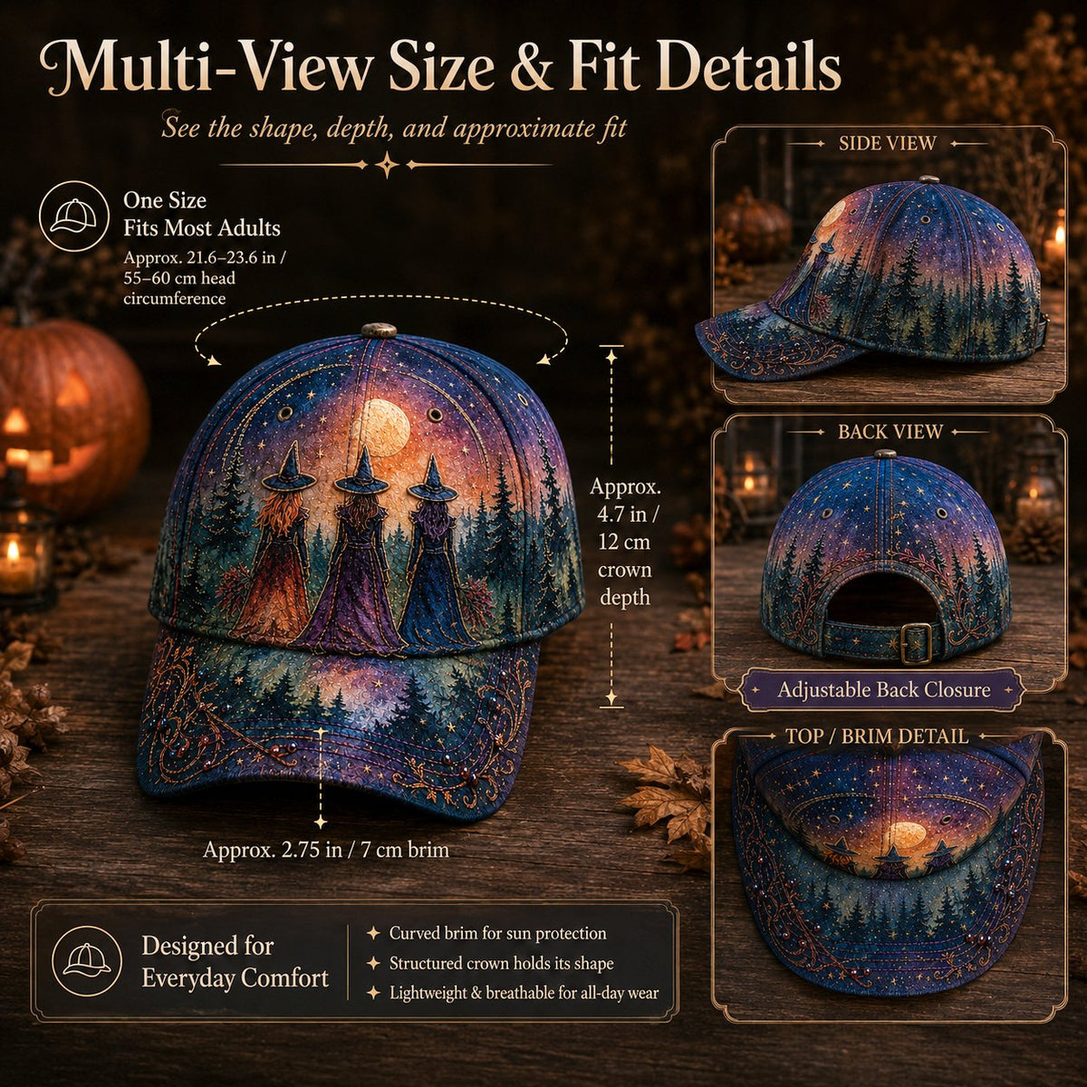 🌙 Three Witches Moonlight Baseball Cap