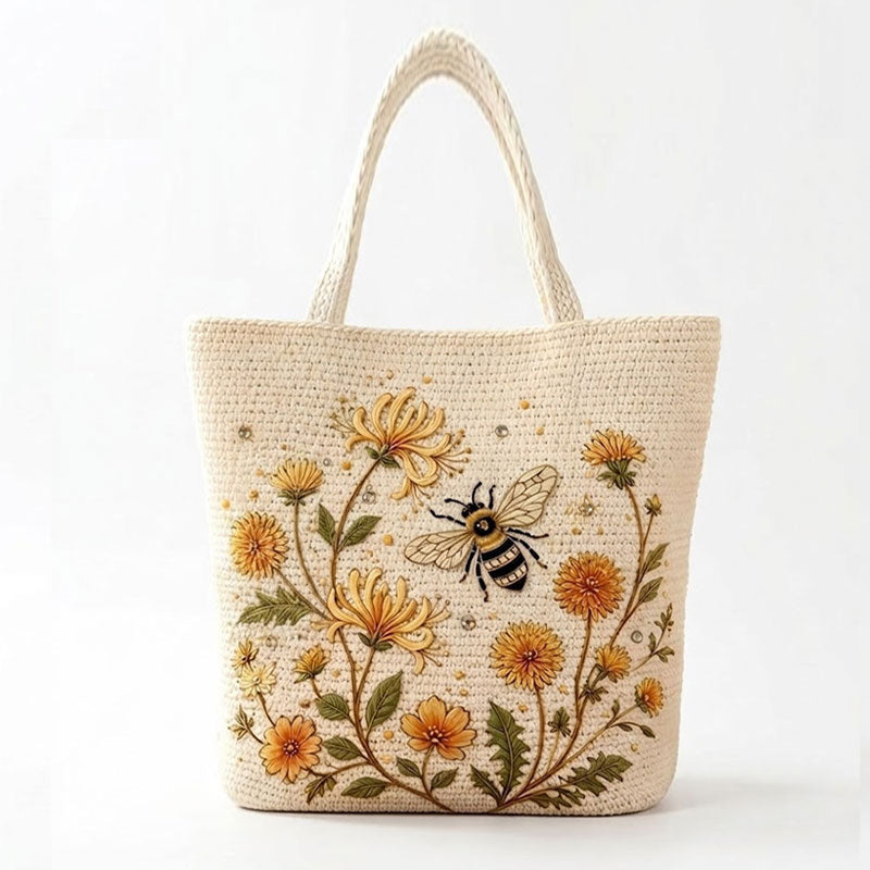 🌼 Handmade Crochet Bee Tote Bag: Premium Floral Embroidery & Boho Chic Shoulder Purse! 🐝