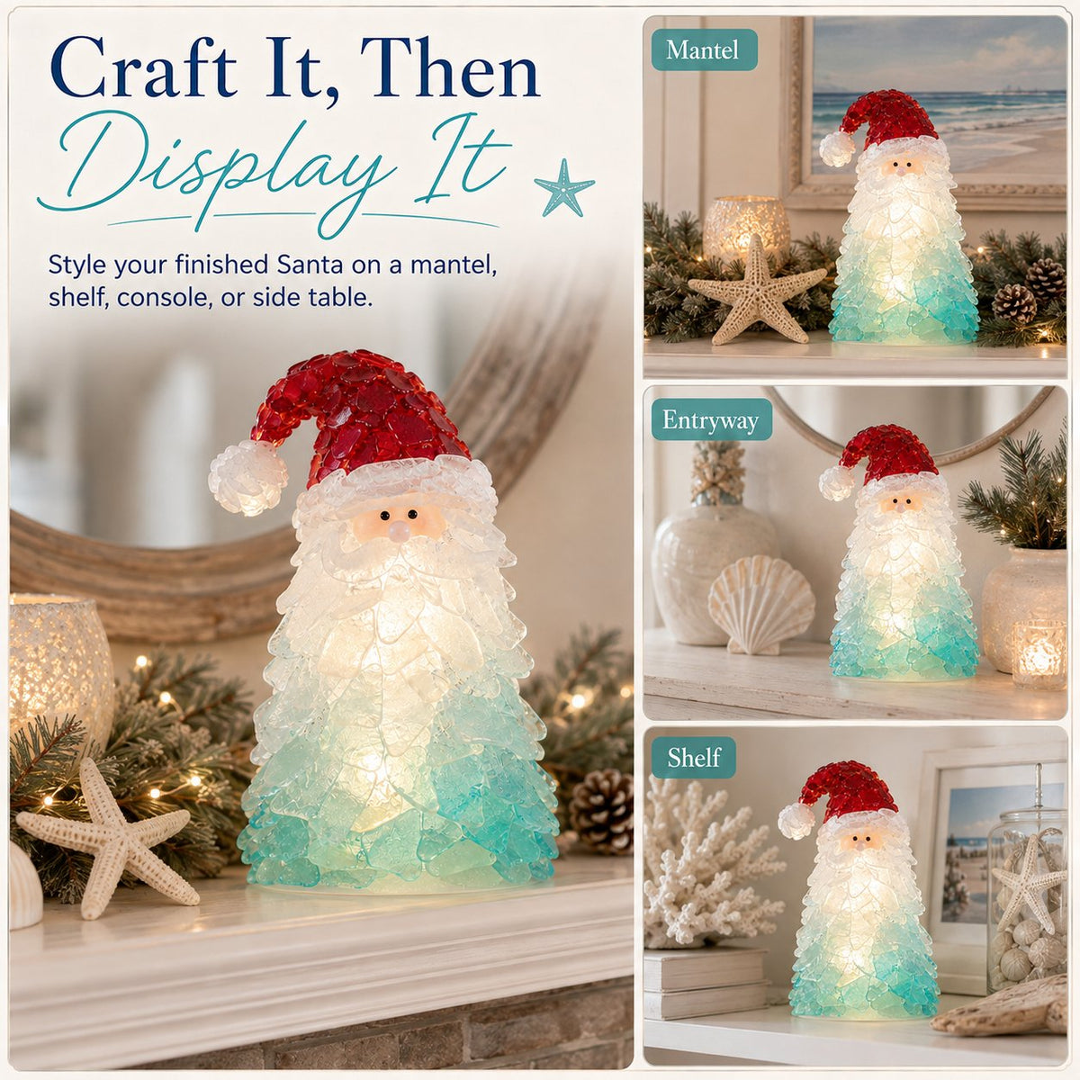 🎅 Beginner-friendly DIY Christmas decoration kit featuring an illuminated sea glass Santa | Complete set including pieces of sea glass, warm Christmas lights and a step-by-step guide 💕