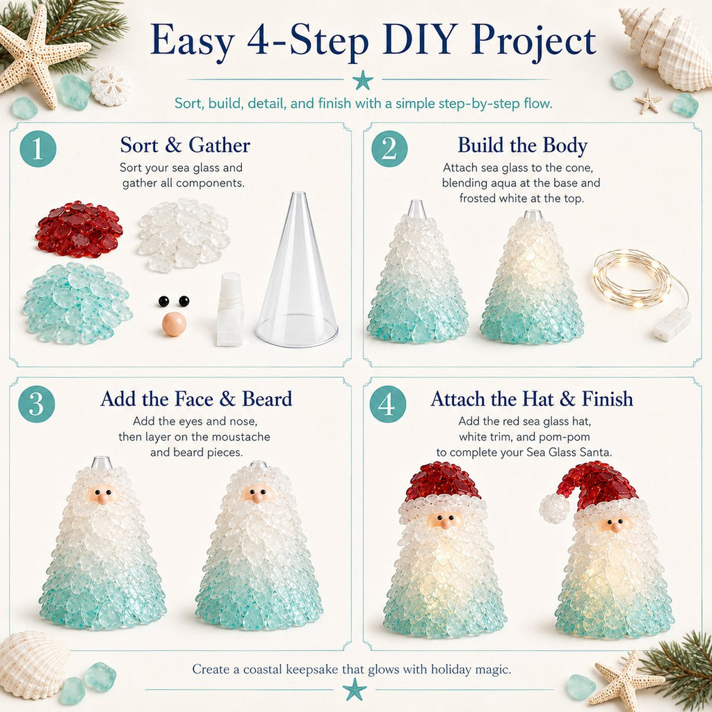 🎅 Beginner-friendly DIY Christmas decoration kit featuring an illuminated sea glass Santa | Complete set including pieces of sea glass, warm Christmas lights and a step-by-step guide 💕