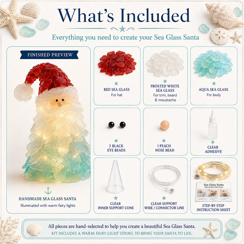 🎅 Beginner-friendly DIY Christmas decoration kit featuring an illuminated sea glass Santa | Complete set including pieces of sea glass, warm Christmas lights and a step-by-step guide 💕