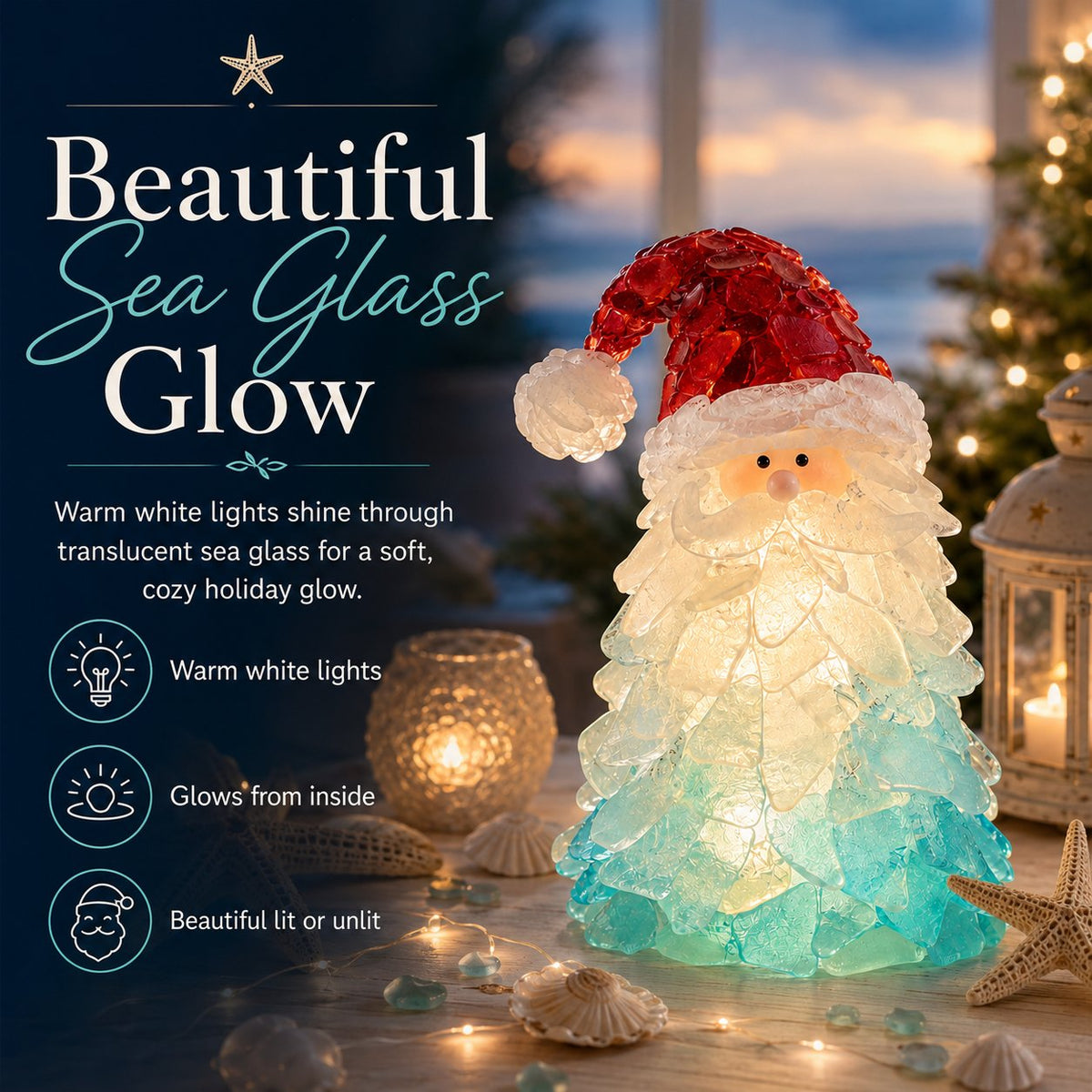 🎅 Beginner-friendly DIY Christmas decoration kit featuring an illuminated sea glass Santa | Complete set including pieces of sea glass, warm Christmas lights and a step-by-step guide 💕