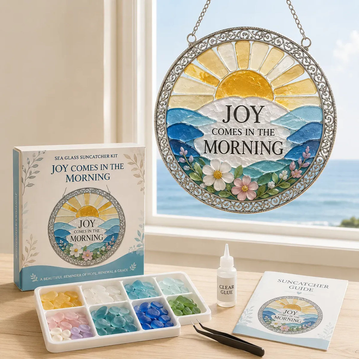 ✝️ A collection of DIY kits for suncatchers featuring Bible verses, suitable for beginners | Complete set including pieces of matt sea glass, clear glue and a step-by-step guide 💕